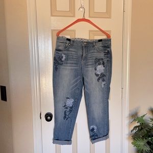 Size 10 boyfriend fit blue flower appliqué jeans. Cropped. Never worn.